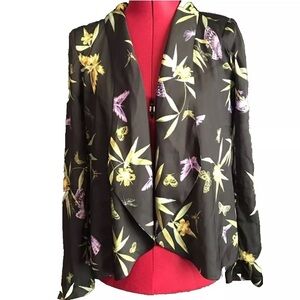 H&M Sz 4 Floral Black & Purple Butterfly Open Blazer Jacket Waterfall Design.